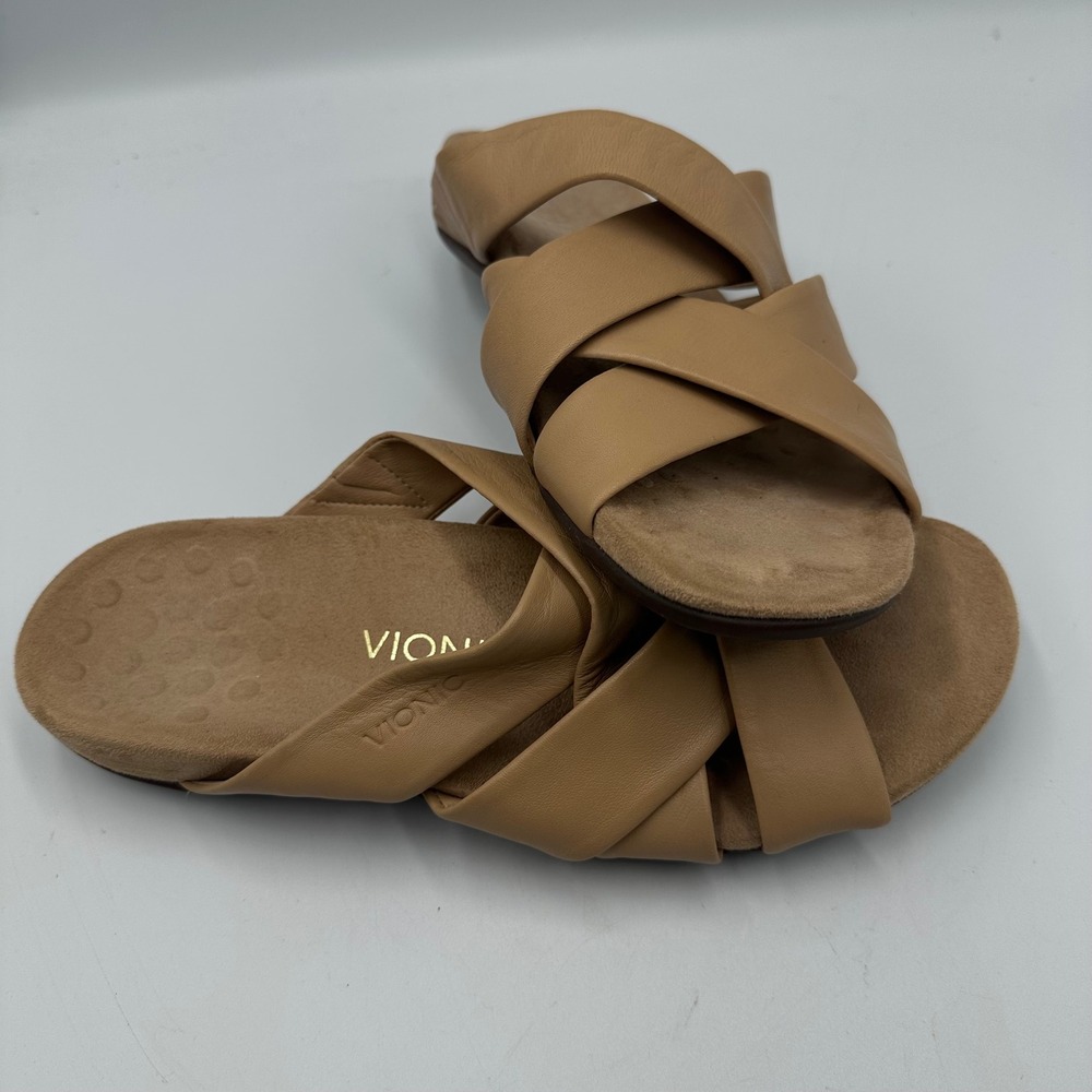 Vionic Juno Slide Sandals Womens 11 Tan Leather Crisscross Orthotic Arch Support